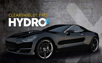 Digital rendering of a black car on a gray background with Clearshield Pro Hydro paint protection film.