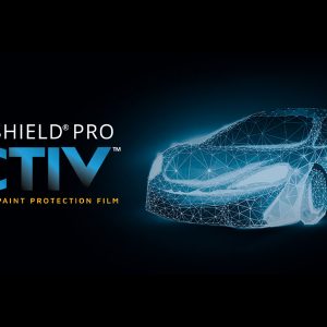 Digital rendering of a car on a black background for Clearshield Pro Activ self healing paint protection film.
