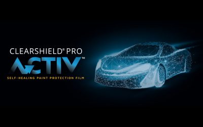 Digital rendering of a car on a black background for Clearshield Pro Activ self healing paint protection film.