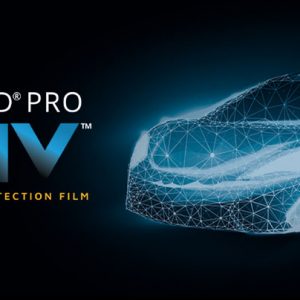 Digital rendering of a car on a black background for Clearshield Pro Activ self healing paint protection film.